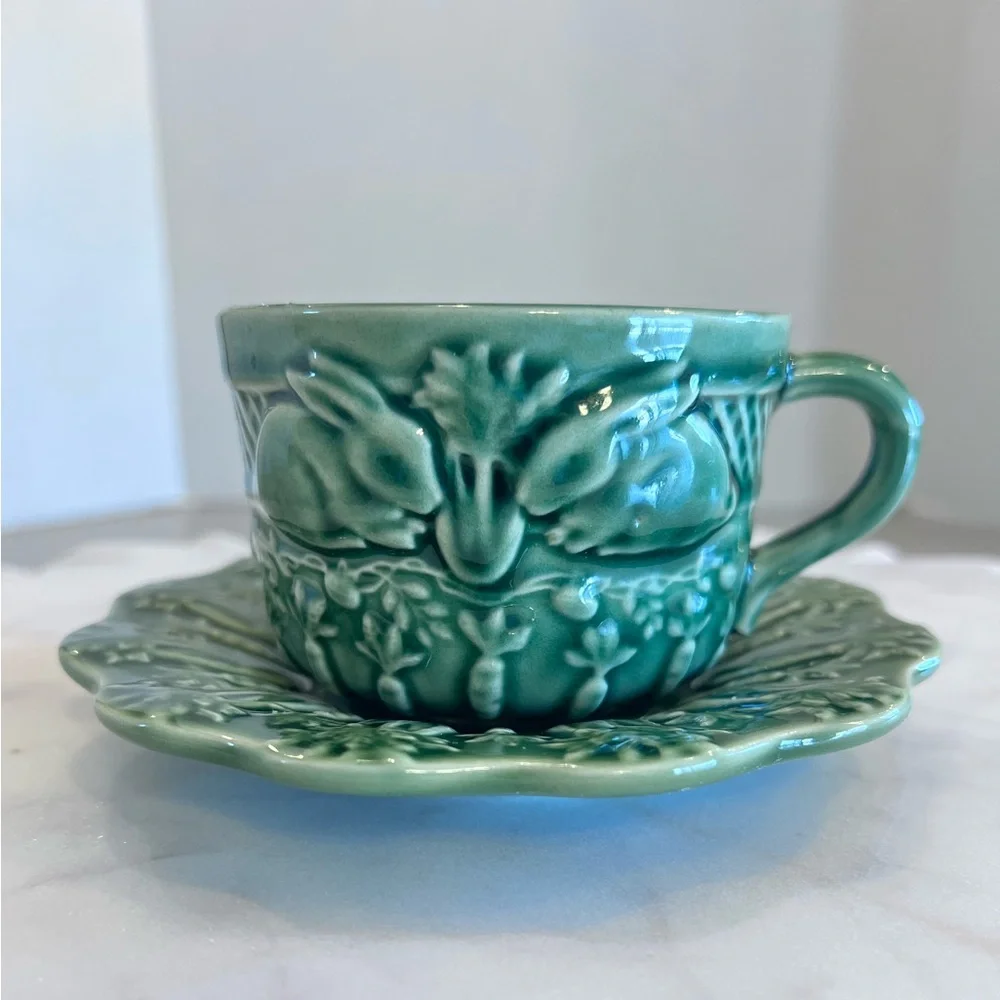 Discontinued Rabbit Green by BORDALLO PINHEIRO Rabbits Carrots Cup & Saucer Set